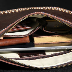 Handmade Leather Mens Coffee Brown Clutch Vintage Wristlet Bag Clutch Wallet for Men