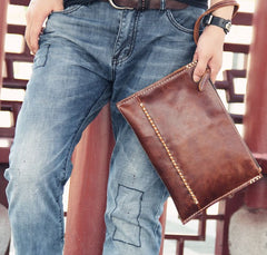 Handmade Leather Mens Coffee Brown Clutch Vintage Wristlet Bag Clutch Wallet for Men
