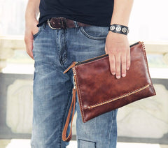 Handmade Leather Mens Coffee Brown Clutch Vintage Wristlet Bag Clutch Wallet for Men