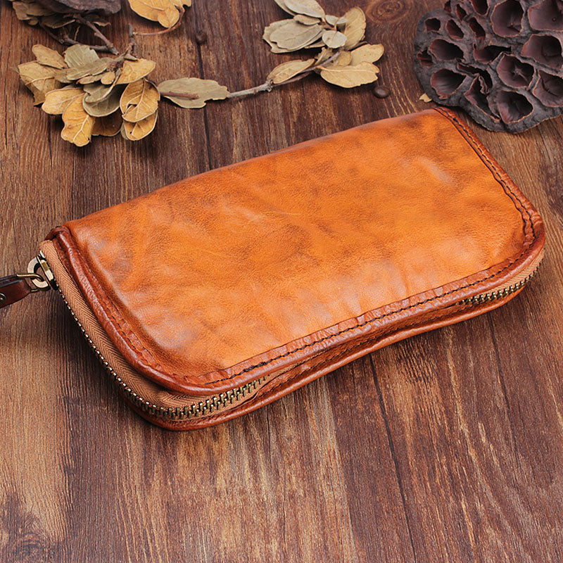 Handmade Men's Clutch Wallet Brown Leather Clutch Bag 