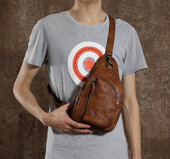 Handmade Leather Mens Cool Chest Bag Sling Bag Crossbody Bag Travel Bag Hiking Bag for men