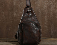 Handmade Leather Mens Cool Chest Bag Sling Bag Crossbody Bag Travel Bag Hiking Bag for men