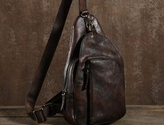 Handmade Leather Mens Cool Chest Bag Sling Bag Crossbody Bag Travel Bag Hiking Bag for men