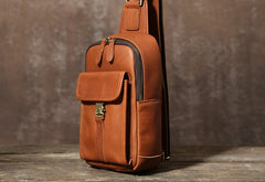 Handmade Leather Mens Cool Chest Bag Sling Bag Crossbody Bag Travel Bag Hiking Bag for men