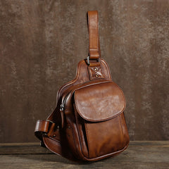 Handmade Leather Mens Cool Chest Bag Sling Bag Crossbody Bag Travel Bag Hiking Bag for men