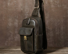 Handmade Leather Mens Cool Chest Bag Sling Bag Crossbody Bag Travel Bag Hiking Bag for men