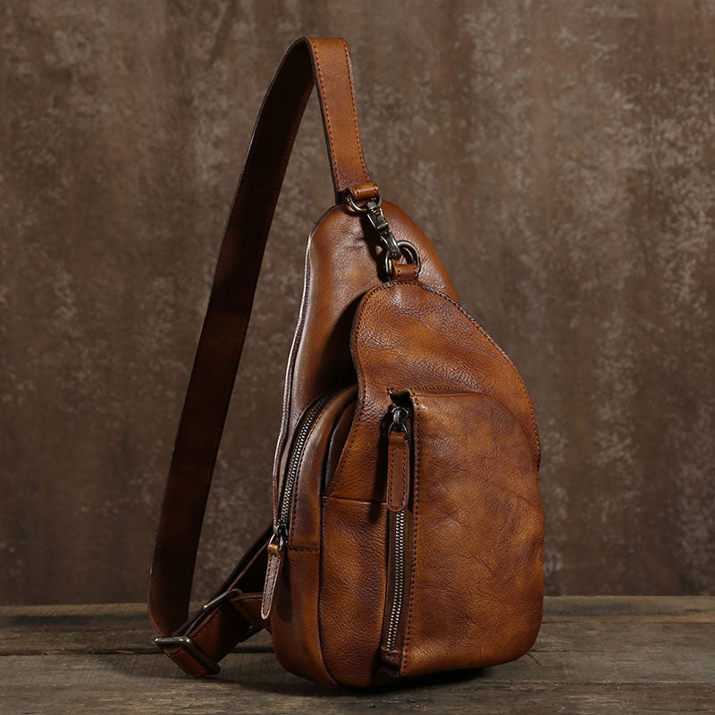 crossbody bags for travel men Handmade Leather Mens Cool Chest Bag Sling Bag Crossbody Bag Travel Ba – iwalletsmen