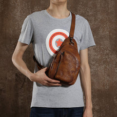 Handmade Leather Mens Cool Chest Bag Sling Bag Crossbody Bag Travel Bag Hiking Bag for men