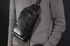 Handmade Leather Mens Cool Chest Bag Sling Bag Crossbody Bag Travel Bag Hiking Bag for men