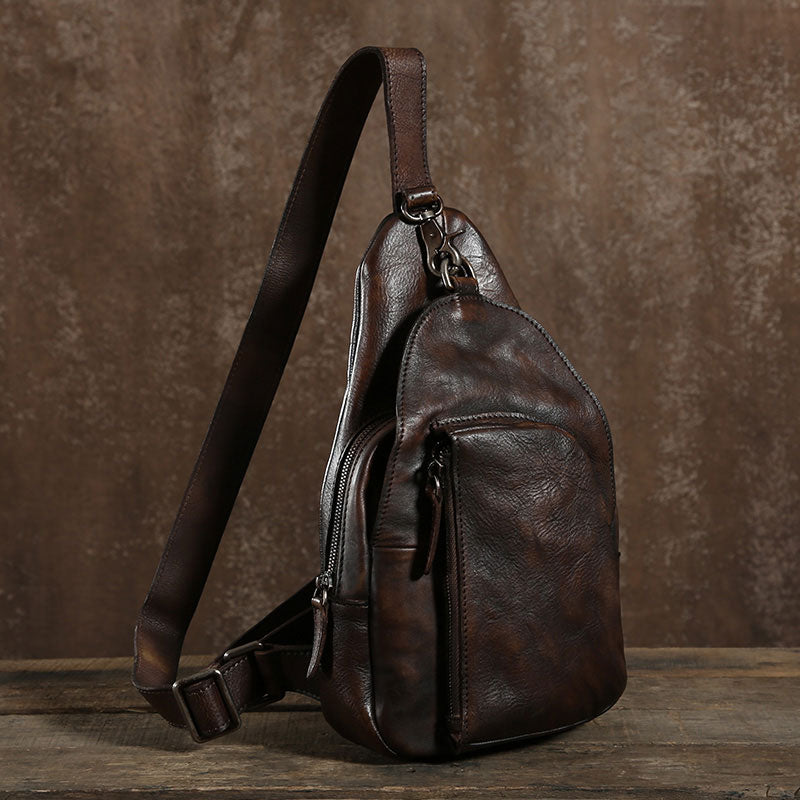 Genuine Leather Sling Bag - Vintage Handmade Crossbody & Backpack Convertible Daypack, Brown Medium - View #10
