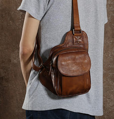 Handmade Leather Mens Cool Chest Bag Sling Bag Crossbody Bag Travel Bag Hiking Bag for men