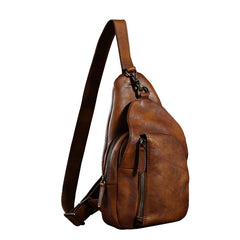 Handmade Leather Mens Cool Chest Bag Sling Bag Crossbody Bag Travel Bag Hiking Bag for men