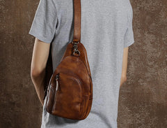 Handmade Leather Mens Cool Chest Bag Sling Bag Crossbody Bag Travel Bag Hiking Bag for men