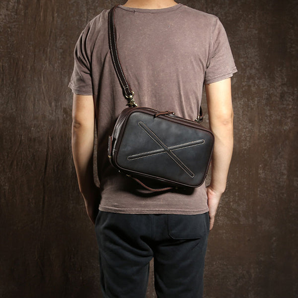 Handmade Leather Mens Cool Shoulder Bag Messenger Bag Chest Bag Bike Bag Cycling Bag for men