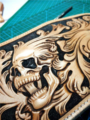 Handmade Leather billfold Tooled Skull Biker Wallet Mens Wallet With Chain Wallet Biker Wallet for Men
