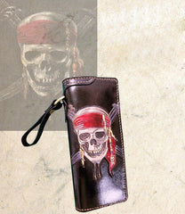 Handmade Leather Skull Pirate Mens Chain Wallet Biker Wallet Cool Leather Wallet Long Tooled Wallets for Men