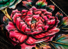 Handmade Leather Tooled Black Peony Cool Leather Wallet Zipper Long Phone Clutch Wallets for Women