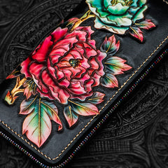 Handmade Leather Tooled Black Peony Cool Leather Wallet Zipper Long Phone Clutch Wallets for Women