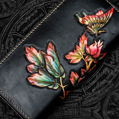 Handmade Leather Tooled Black Peony Cool Leather Wallet Zipper Long Phone Clutch Wallets for Women