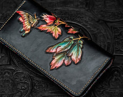 Handmade Leather Tooled Black Peony Cool Leather Wallet Zipper Long Phone Clutch Wallets for Women