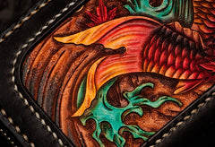 Handmade Leather Tooled Carp Chain Wallet Mens Biker Wallet Cool Leather Wallet Long Phone Wallets for Men