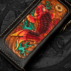 Handmade Leather Tooled Carp Chain Wallet Mens Biker Wallet Cool Leather Wallet Long Phone Wallets for Men