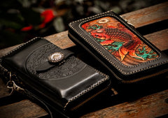 Handmade Leather Tooled Carp Chain Wallet Mens Biker Wallet Cool Leather Wallet Long Phone Wallets for Men