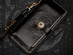 Handmade Leather Tooled Carp Chain Wallet Mens Biker Wallet Cool Leather Wallet Long Phone Wallets for Men
