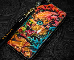 Handmade Leather Tooled Chinese Lion Black Mens Chain Biker Wallet Cool Leather Wallet Long Clutch Wallets for Men