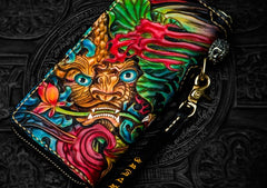 Handmade Leather Tooled Chinese Lion Black Mens Chain Biker Wallet Cool Leather Wallet Long Clutch Wallets for Men