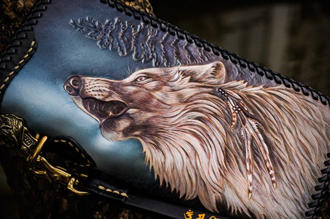 Handmade Leather Tooled Wolf Chain Wallet Mens Biker Wallet Cool Leath –  imessengerbags