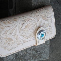 Handmade Mens Tooled Floral Leather Long Chain Wallet Cool Biker Wallet with Chain - iwalletsmen
