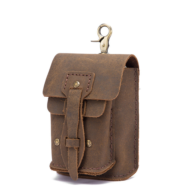 Vintage Brown Leather Mini Sling Bag Waist Belt Pouch For Men