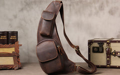 Hanmade Genuine Leather Vintage Brown Coffee Mens Cool Sling Bag Crossbody Bag Chest Bag for men