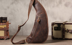 Hanmade Genuine Leather Vintage Brown Coffee Mens Cool Sling Bag Crossbody Bag Chest Bag for men