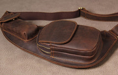 Hanmade Genuine Leather Vintage Brown Coffee Mens Cool Sling Bag Crossbody Bag Chest Bag for men