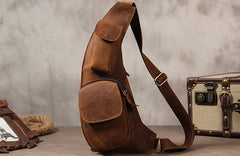 Hanmade Genuine Leather Vintage Brown Coffee Mens Cool Sling Bag Crossbody Bag Chest Bag for men