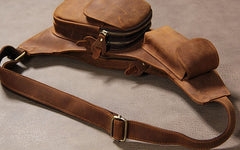 Hanmade Genuine Leather Vintage Brown Coffee Mens Cool Sling Bag Crossbody Bag Chest Bag for men