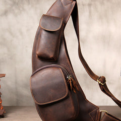 Hanmade Genuine Leather Vintage Brown Coffee Mens Cool Sling Bag Crossbody Bag Chest Bag for men