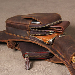 Hanmade Genuine Leather Vintage Brown Coffee Mens Cool Sling Bag Crossbody Bag Chest Bag for men