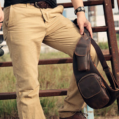 Hanmade Genuine Leather Vintage Brown Coffee Mens Cool Sling Bag Crossbody Bag Chest Bag for men
