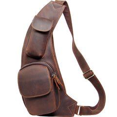 Hanmade Genuine Leather Vintage Brown Coffee Mens Cool Sling Bag Crossbody Bag Chest Bag for men