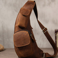 Hanmade Genuine Leather Vintage Brown Coffee Mens Cool Sling Bag Crossbody Bag Chest Bag for men