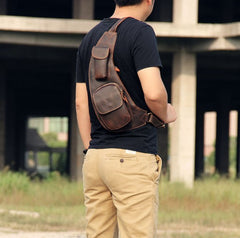 Hanmade Genuine Leather Vintage Brown Coffee Mens Cool Sling Bag Crossbody Bag Chest Bag for men