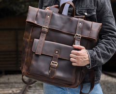 Cool Leather Coffee Rolltop Mens Backpacks Travel Backpack Vintage Backpack for Men - iwalletsmen