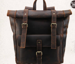 Cool Leather Coffee Rolltop Mens Backpacks Travel Backpack Vintage Backpack for Men - iwalletsmen