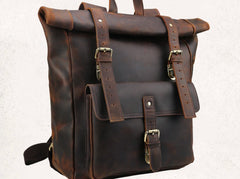 Cool Leather Coffee Rolltop Mens Backpacks Travel Backpack Vintage Backpack for Men - iwalletsmen