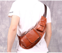 Oiled Leather Brown Men's Chest Bag Sling Bag One Shoulder Backpack For Men - iwalletsmen