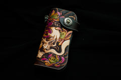 Handmade Leather Tooled Skull Mens Chain Biker Wallet Cool Leather Wallet With Chain Wallets for Men