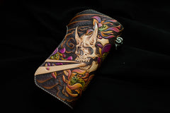 Handmade Leather Tooled Skull Mens Chain Biker Wallet Cool Leather Wallet With Chain Wallets for Men